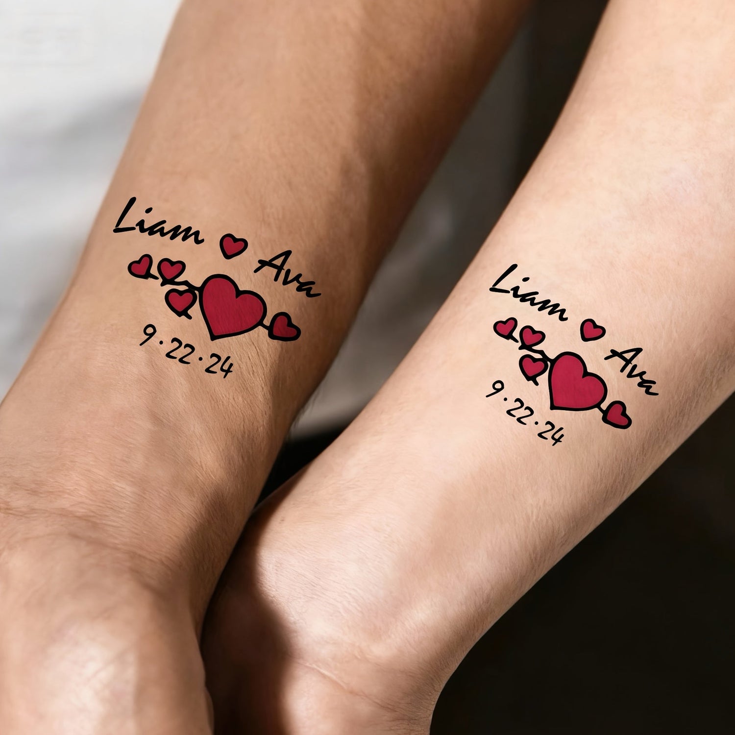 Custom Couple Name Temporary Tattoos - Personalized Red Heart Love Date Tattoo Stickers (15pcs) - Usage Demonstration