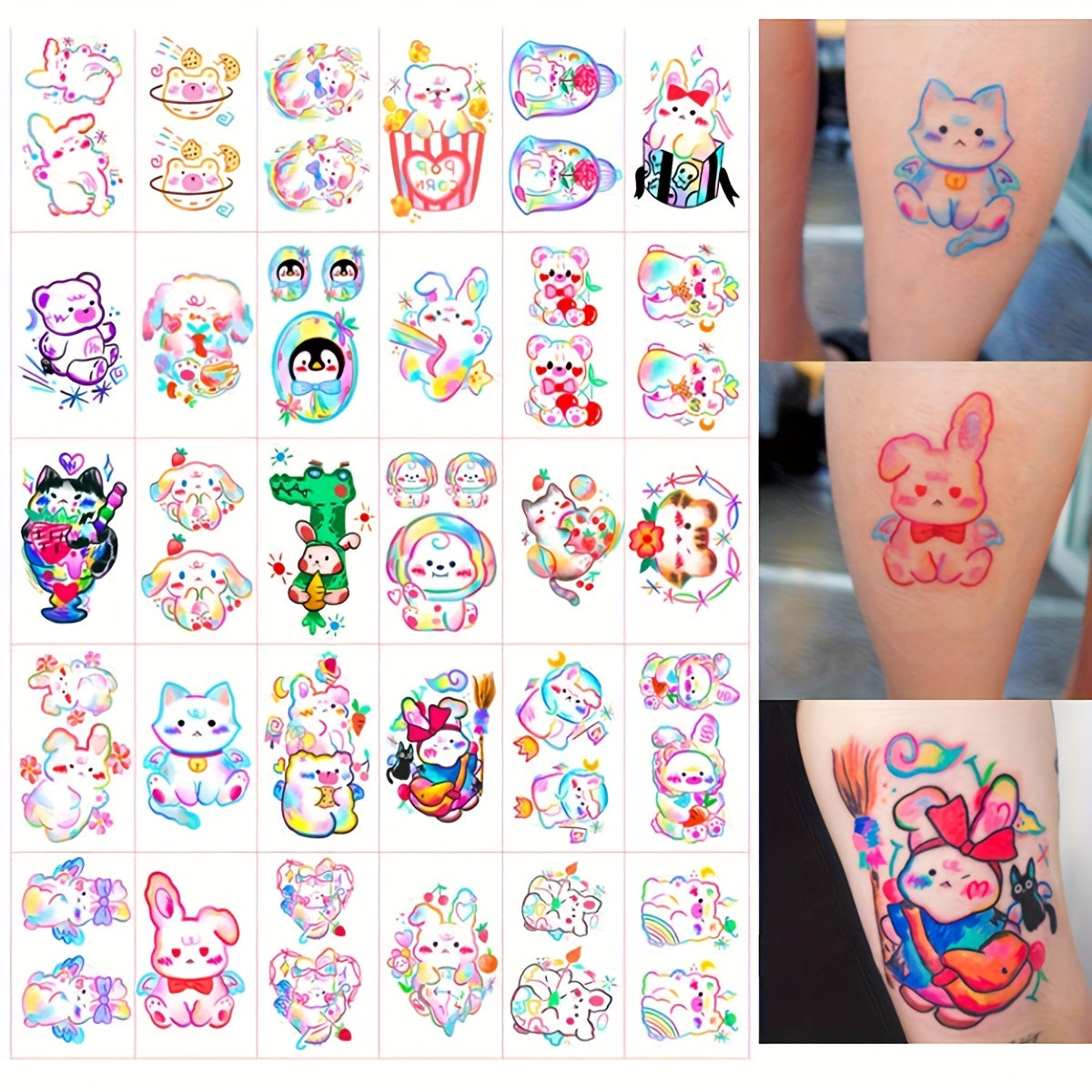 Cute Bear Temporary Tattoos Sheet - 30 Waterproof Anime Y2K Stickers for Girls - Design Close-up
