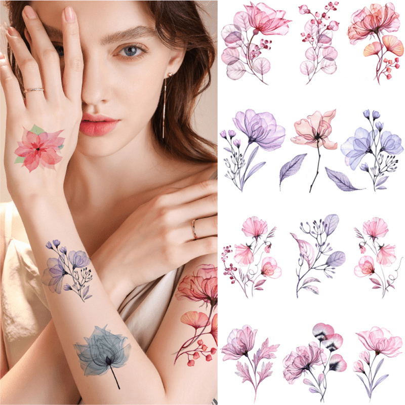 Floral Temporary Tattoos Sheet - Waterproof Pink Purple Blue Flower Designs for Body Art - Main Product Image