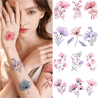 Floral Temporary Tattoos Sheet - Waterproof Pink Purple Blue Flower Designs for Body Art - Main Product Image