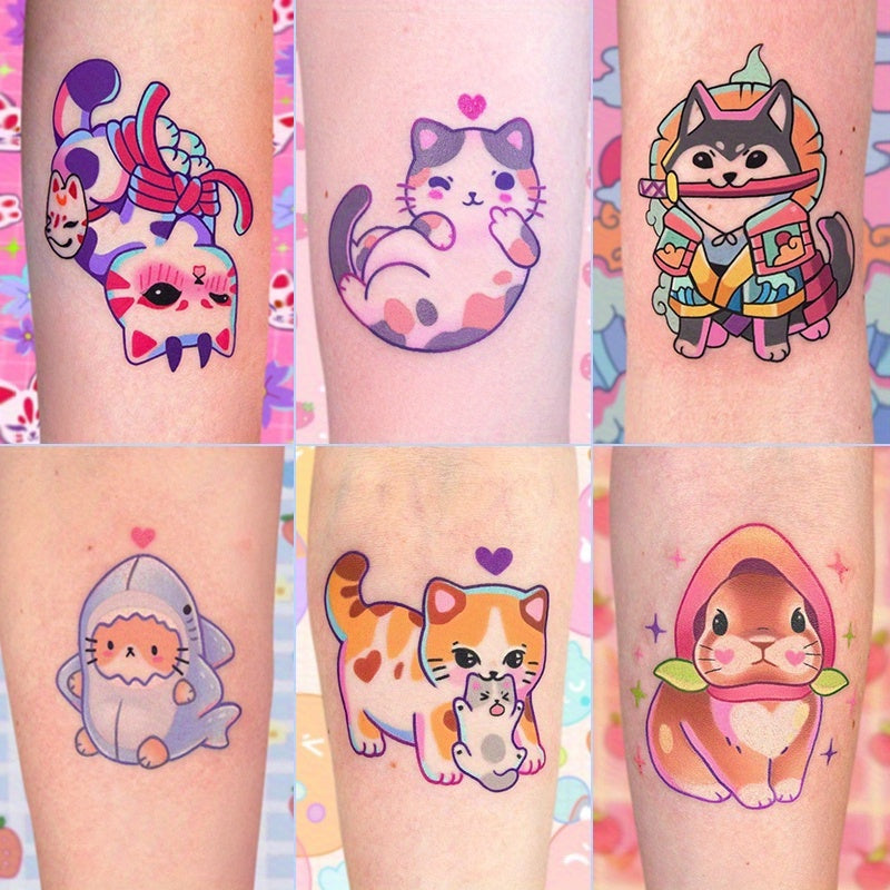 Cute Cat Temporary Tattoos - Waterproof Cartoon Kitty Tattoo Stickers - Design Close-up