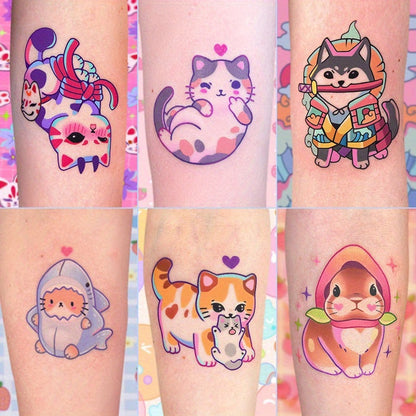 Cute Cat Temporary Tattoos - Waterproof Cartoon Kitty Tattoo Stickers - Design Close-up