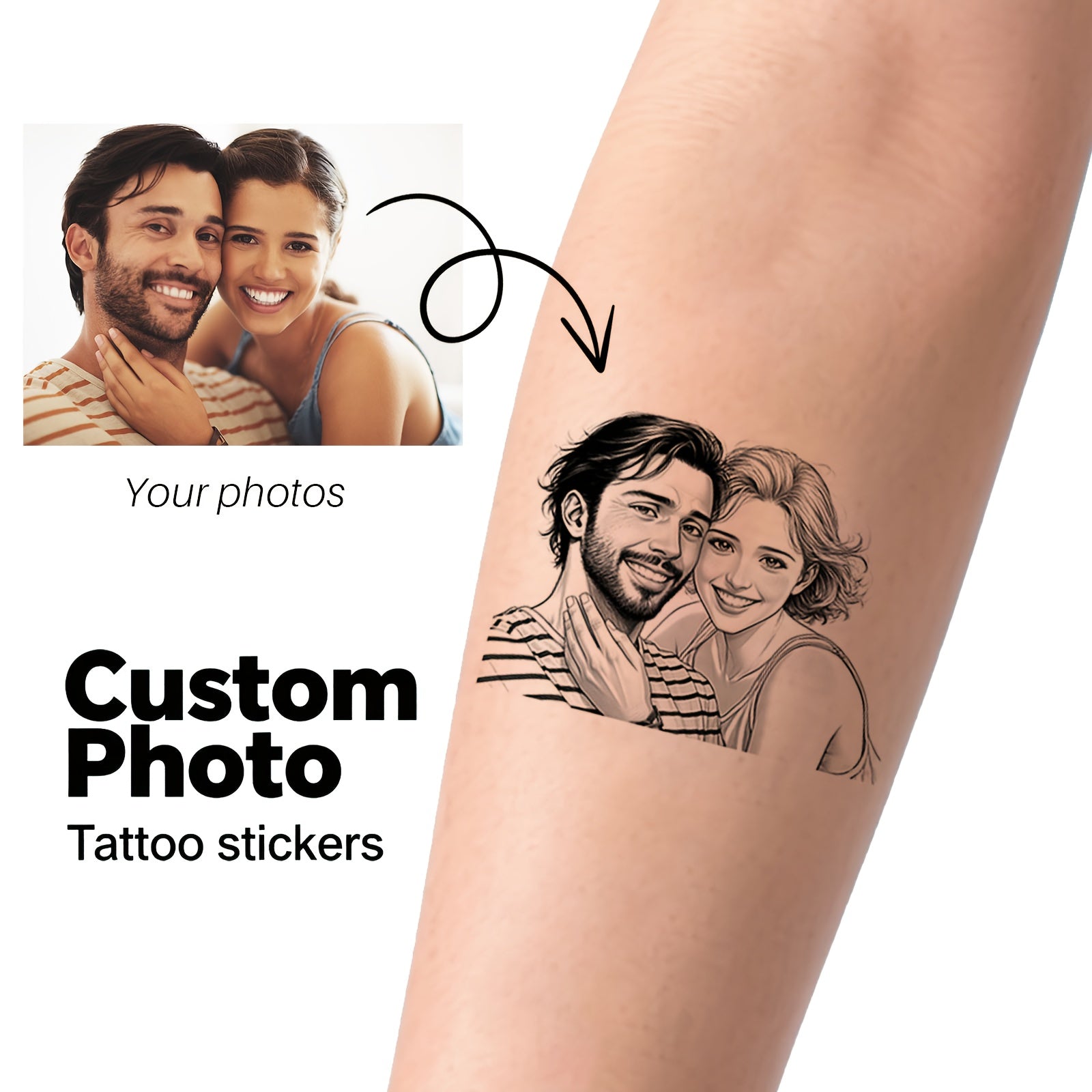 Custom Cartoon Temporary Tattoos - Personalized Black & White Line Art Design Tattoo Stickers (20pcs) - Application Example