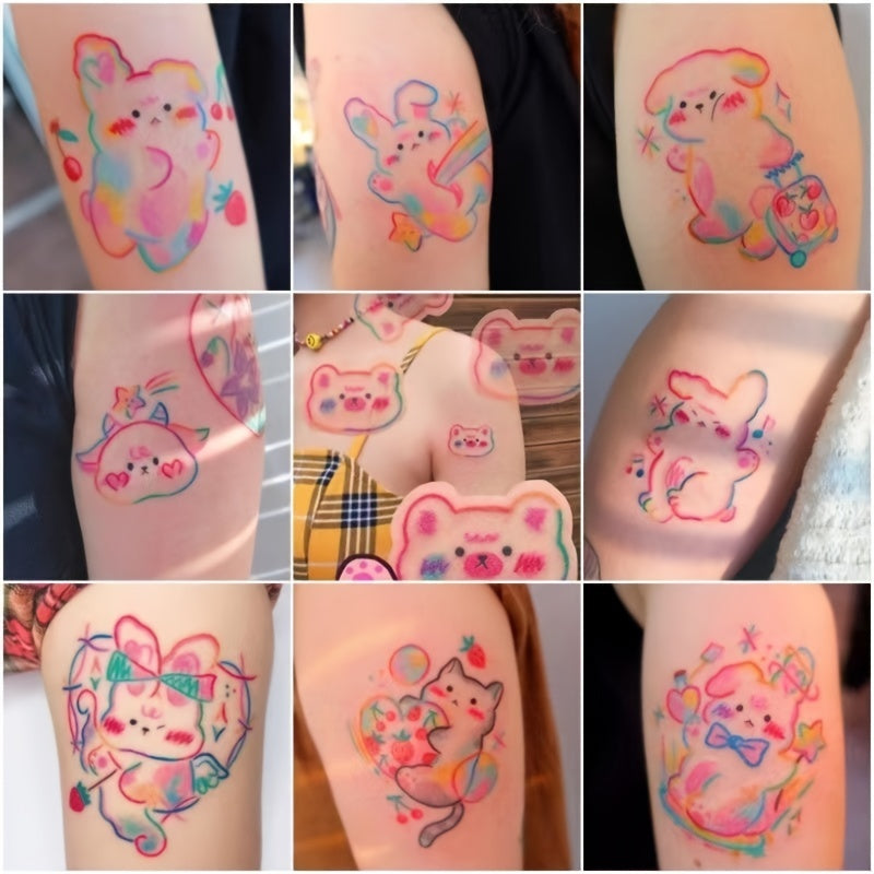 Cute Bear Temporary Tattoos Sheet - 30 Waterproof Anime Y2K Stickers for Girls - Usage Demonstration