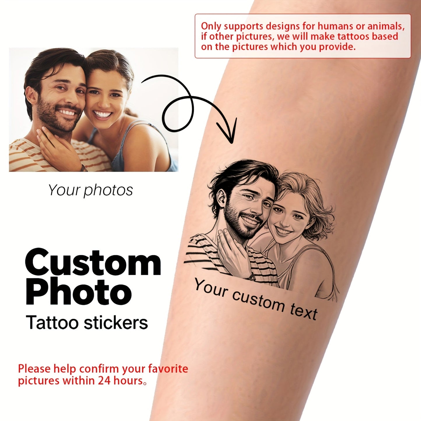 Custom Cartoon Temporary Tattoos - Personalized Black & White Line Art Design Tattoo Stickers (20pcs) - Main Product Image