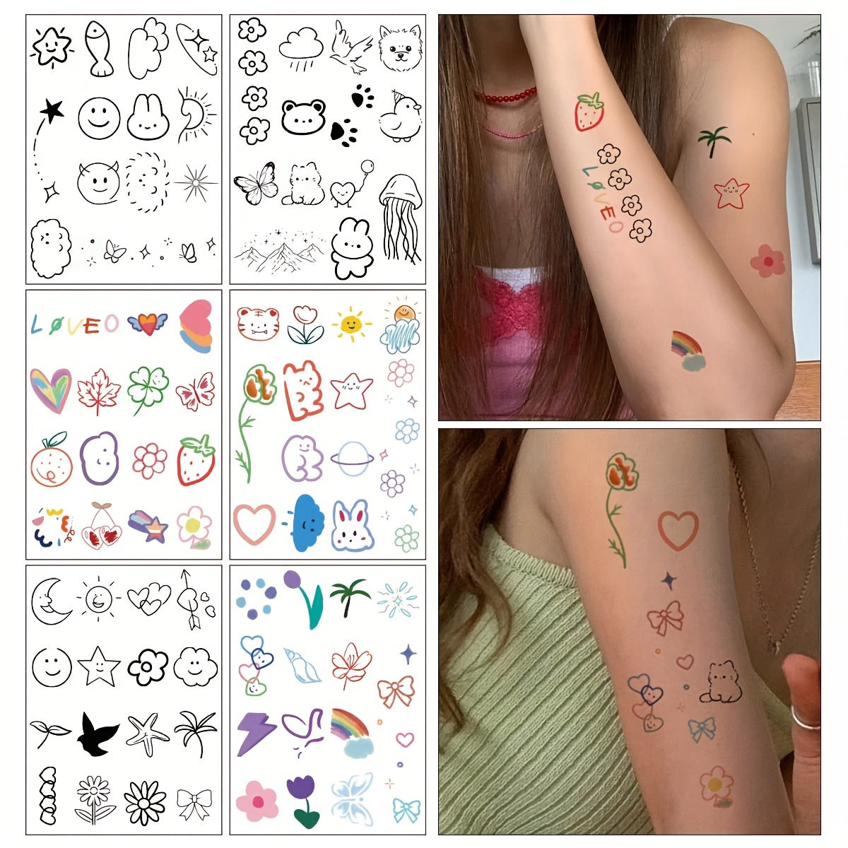 Botanical & Animal Temporary Tattoos Set - 6 Waterproof Stickers for Wrist, Arm & Body - Product Detail View
