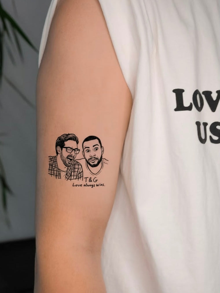 Custom Couple Portrait Temporary Tattoos - Personalized Line Art from Your Photo - Main Product Image