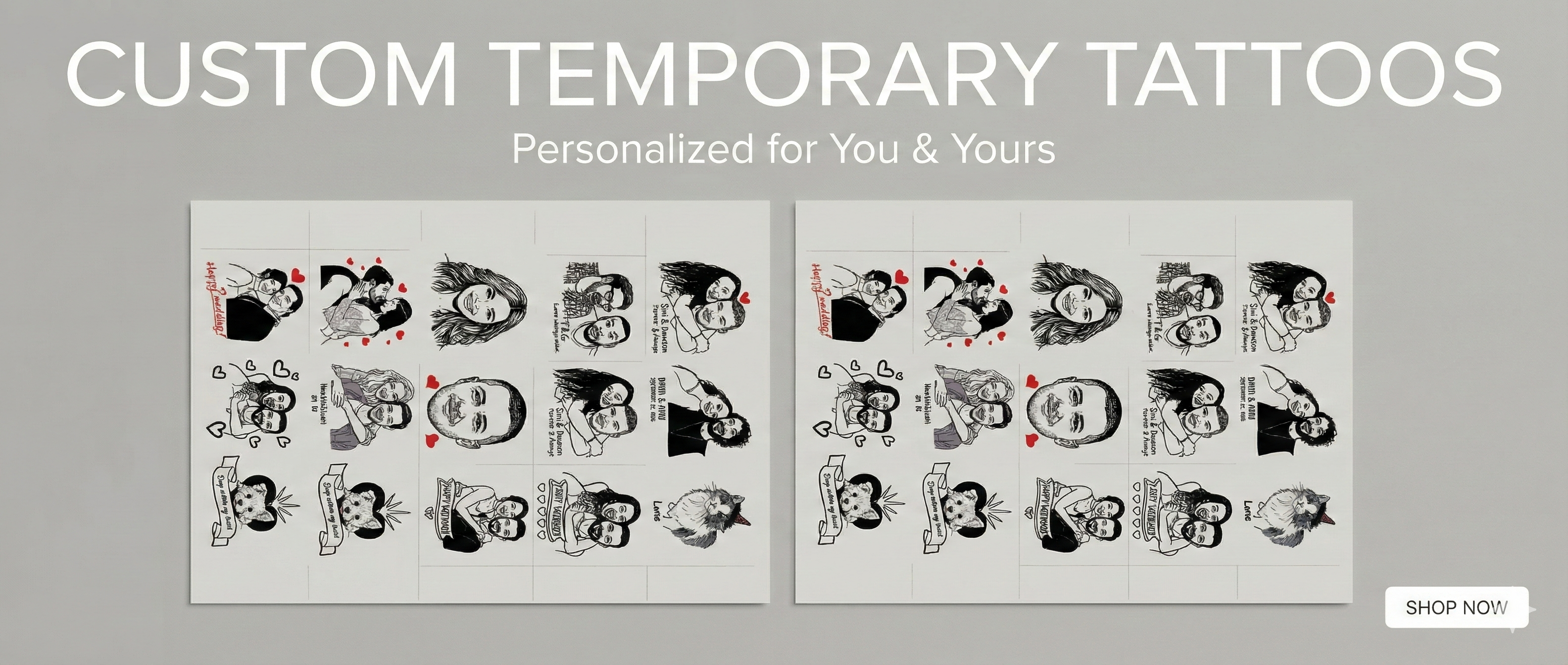 Promotional graphic for custom temporary tattoos with various designs on a gray background.