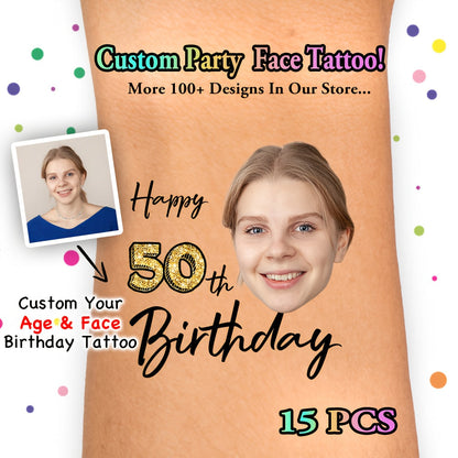 Custom Age Birthday Temporary Tattoos - Personalized Number & Face Portrait Tattoo Stickers (15pcs) - Main Product Image