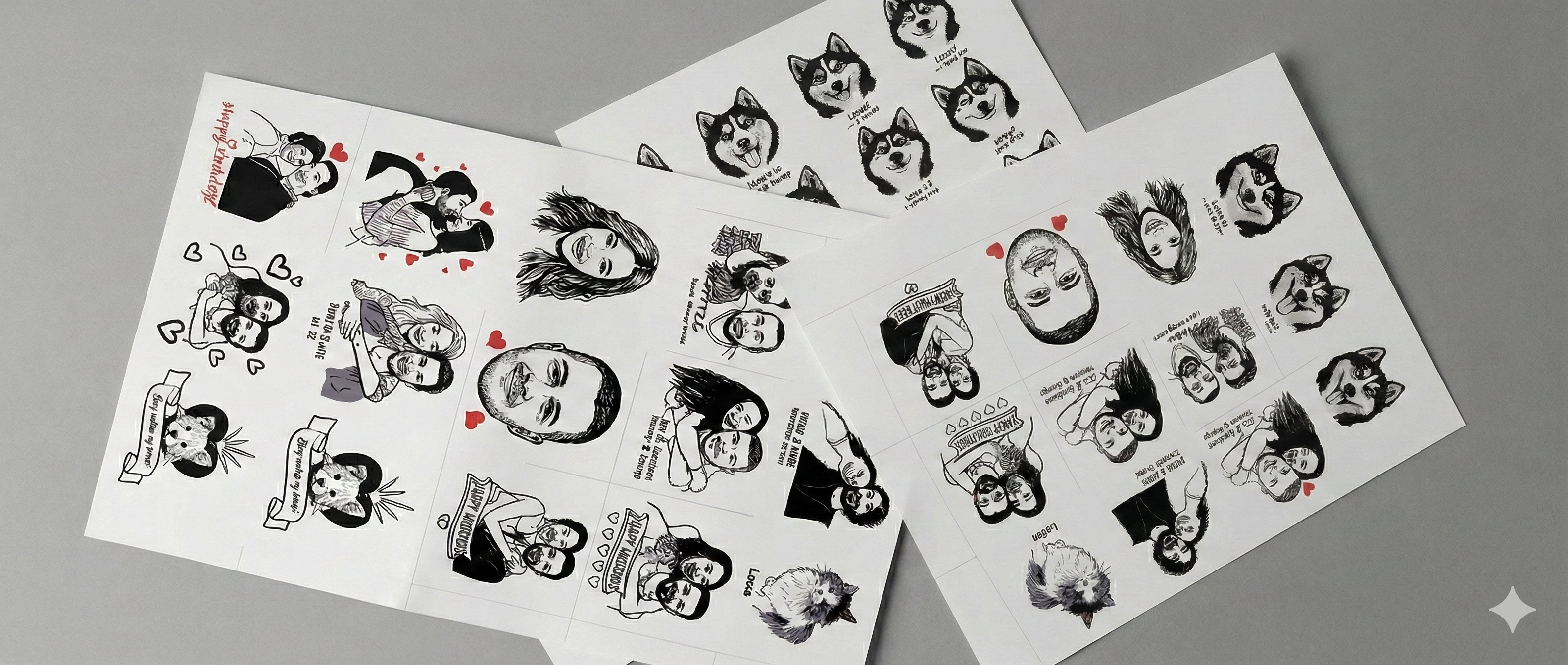 Three sheets of temporary tattoos with black and white designs on a gray background